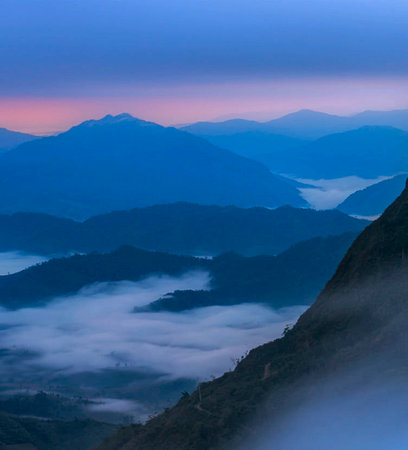Mountain landscape at sunrise, Phu Chi Fa, Chiangrai, Thailandの写真素材