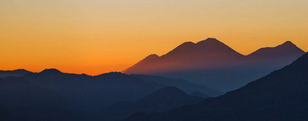 Sunset over the mountain range in the Himalayas, Nepalの写真素材