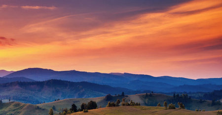 Colorful sunset in the Carpathian mountains. Ukraine, Europeの写真素材