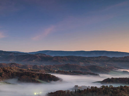 Autumn landscape with fog in the mountains. Ukraine, Europe.の写真素材