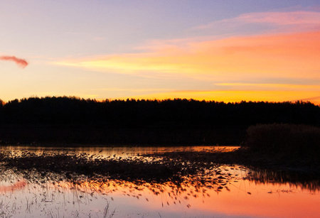 beautiful sunset on the river, Russia, Kaluga oblastの写真素材