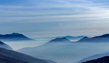 Mountains with fog in the morning, Carpathians, Ukraineの写真素材