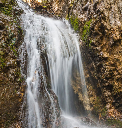 Waterfall in the forest. The waterfall is located in the mountains.の写真素材