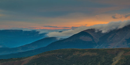 Carpathian mountains at sunset, Ukraine. Panoramic viewの写真素材