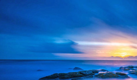 Tropical beach with coconut palm trees at sunset in Sri Lankaの写真素材