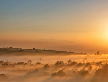 Sunrise in Tuscany, Italy. Foggy landscape.の写真素材
