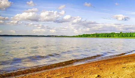 Summer landscape on the shore of the Volga River, Russia.の写真素材