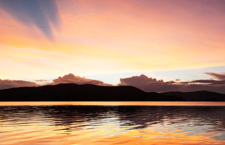 Sunset on Lake Titicaca, Puno, Peru.の写真素材