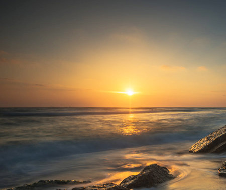 Beautiful sunset over the sea. Beautiful seascape. Nature composition.の写真素材