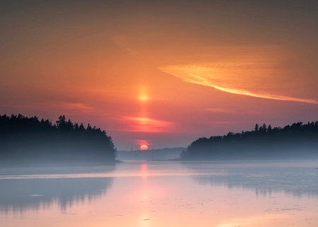 Foggy sunrise over the lake. Beautiful summer landscape. Russia.の写真素材