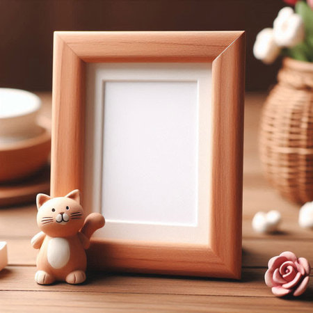 Wooden photo frame with cute cat and flowers on wooden table.の素材
