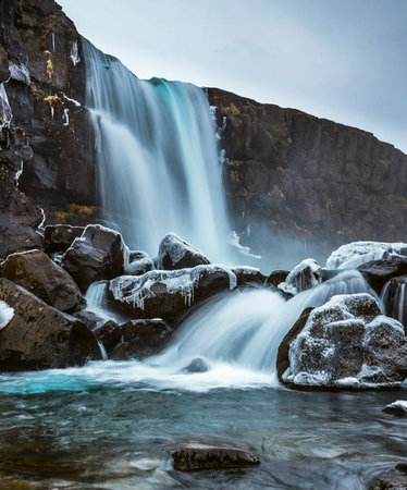 Beautiful waterfall in Iceland, Europe. Long exposure. Toned.の写真素材