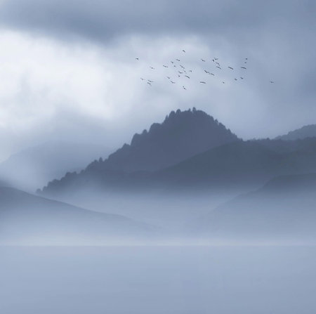 Foggy morning in the mountains with flying birds in the foregroundの写真素材