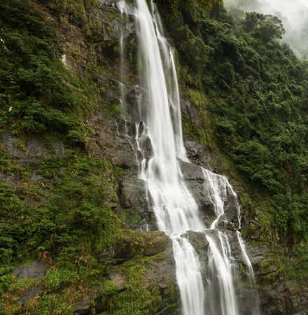 Waterfall in the Himalayas, Annapurna Conservation Area, Nepalの写真素材