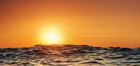 Sunset on the sea with waves and sun. 3d rendering