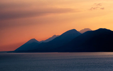 Sunset over the sea with mountains in the background. Montenegroの写真素材
