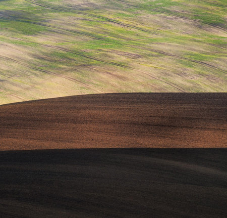 Aerial view of plowed field in spring. Rural landscape.