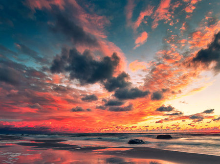 Beautiful seascape. Colorful sunset over the sea.