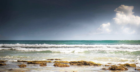 Tropical beach and stormy sky. Panoramic view