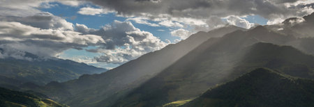 Panoramic view of the mountains in the clouds, Caucasus, Russia