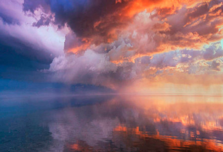 colorful dramatic sky with cloud at sunset reflected in water of lake