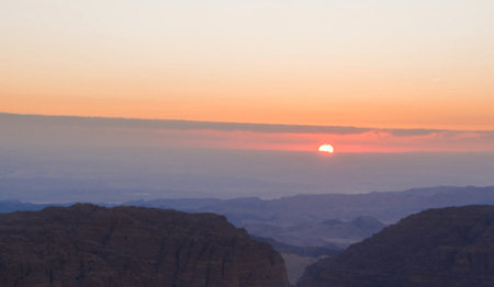 Sunset over the Wadi Rum Desert in Jordan, Middle Eastの写真素材