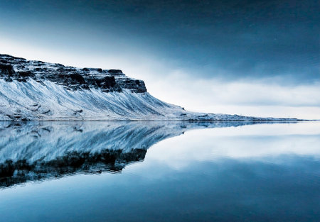 Beautiful winter landscape with frozen lake in Iceland. Toned.の写真素材
