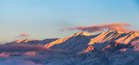 Beautiful view of snowy mountains at sunset. Caucasus Mountains, Georgia.の写真素材