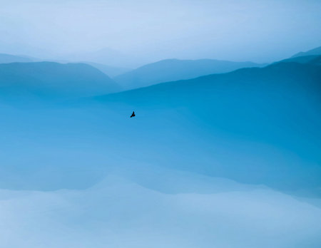 Beautiful blue mountain landscape with a bird flying above the clouds.