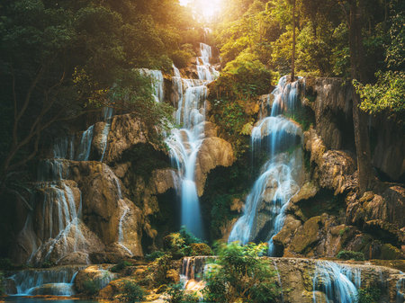Huay Mae Kamin Waterfall in Kanchanaburi, Thailandの写真素材