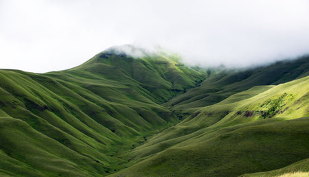 Landscape of green hills covered with clouds in Kyrgyzstan
