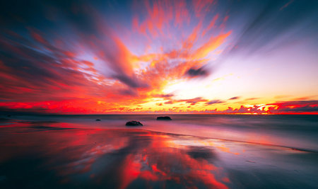 Beautiful seascape. Sunset over the sea. Long exposure.
