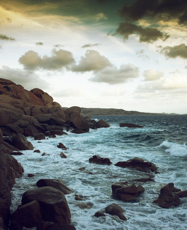 Beautiful seascape with sea waves and rocks. Toned.の写真素材