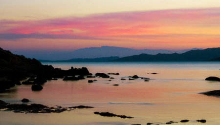 Sunset over the sea with rocks and mountains in the background.