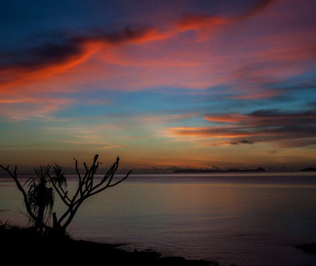 Sunset over the Pacific Ocean, Santa Cruz Island, Galapagos, Ecuadorの写真素材