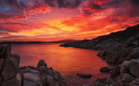 Sunset on the coast of the island of Sardinia, Italyの写真素材