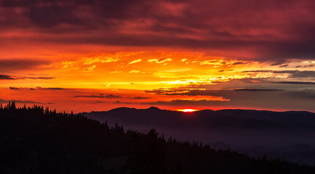 Sunset in the mountains of the Carpathians, Ukraine.