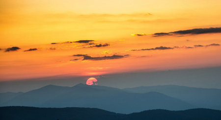 Sunset in the mountains. Beautiful landscape of the Carpathian Mountains.の写真素材