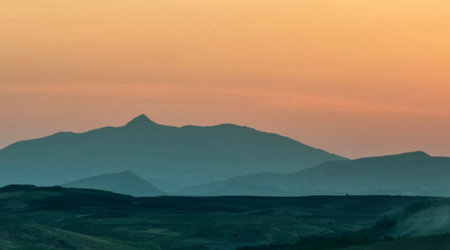 Sunset over a mountain range in the foothills of the Caucasus