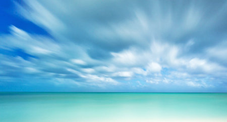 tropical beach with blue sky and white cloud, nature abstract backgroundの写真素材