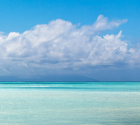 beautiful beach and tropical sea under the blue sky with white cloudsの写真素材
