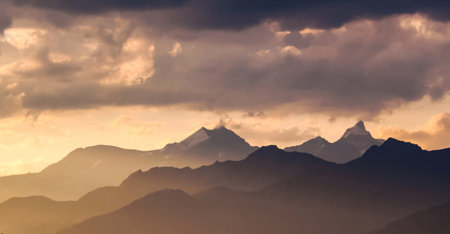 Mountains at sunset in Himalayas, Nepal, Asia.の写真素材