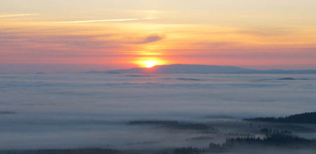 Foggy sunrise in the Carpathian mountains, Ukraine.の写真素材