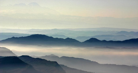 Foggy morning in the mountains. Landscape with fog.の写真素材
