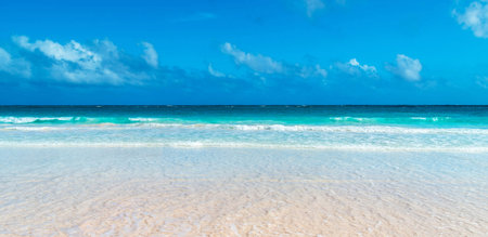 Tropical beach with white sand and turquoise ocean waterの写真素材