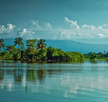 Coconut palm trees on the bank of the Mekong river in Laosの写真素材