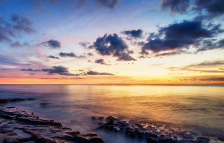 Beautiful sunset over the sea. Panoramic view of the seaの写真素材