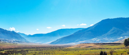 Panoramic view of the valley and mountains in the morning.の写真素材