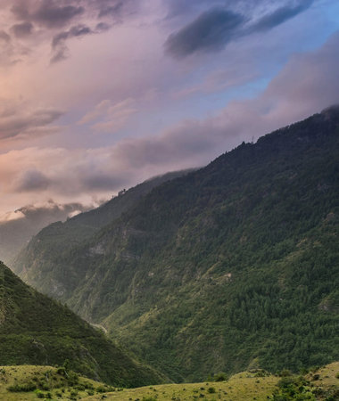 Mountain landscape with cloudy sky at sunset, Caucasus, Georgia.の写真素材
