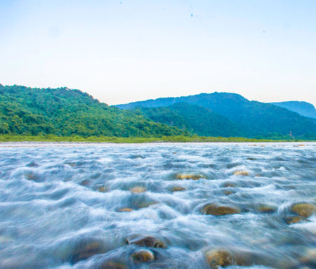 Beautiful landscape of river and mountain in the morning, Thailand.の写真素材
